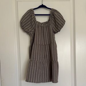 Rylee + Cru | Striped Puff-Sleeve Dress in two tone grays | Size 6-7Y